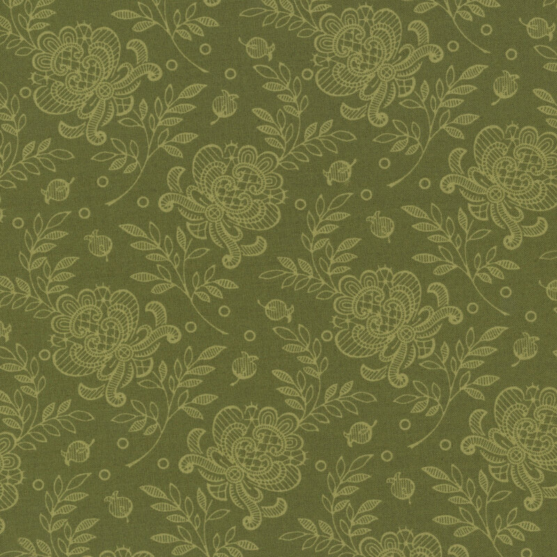 Swatch of fabric decorated with lacy tonal floral prints set against a dark green background