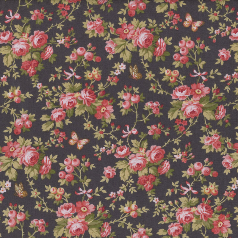 Image of fabric featuring blossoming roses and flowers in shades of pink and red, accented by leaves and vines and set against a dark gray background