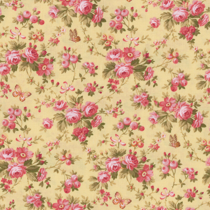 Image of fabric featuring blossoming roses and flowers in shades of pink and red, accented by leaves and vines and set against a yellow background