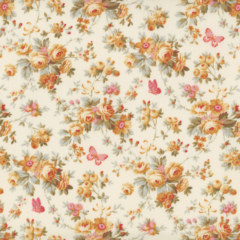 Image of fabric featuring blossoming yellow roses and flowers, accented by leaves and vines and set against a cream background