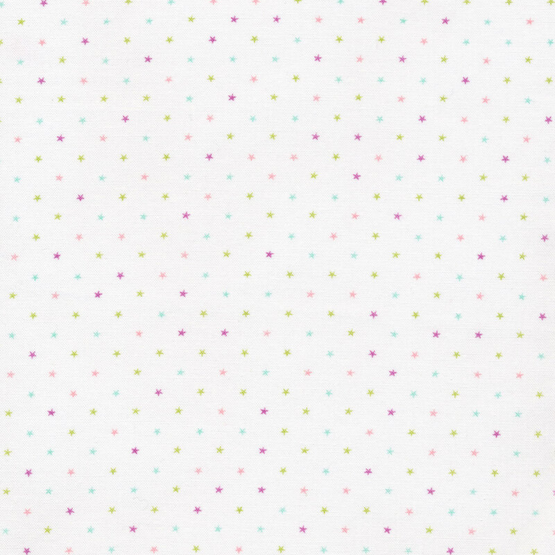 white fabric with blue, green, pink, and purple stars across it