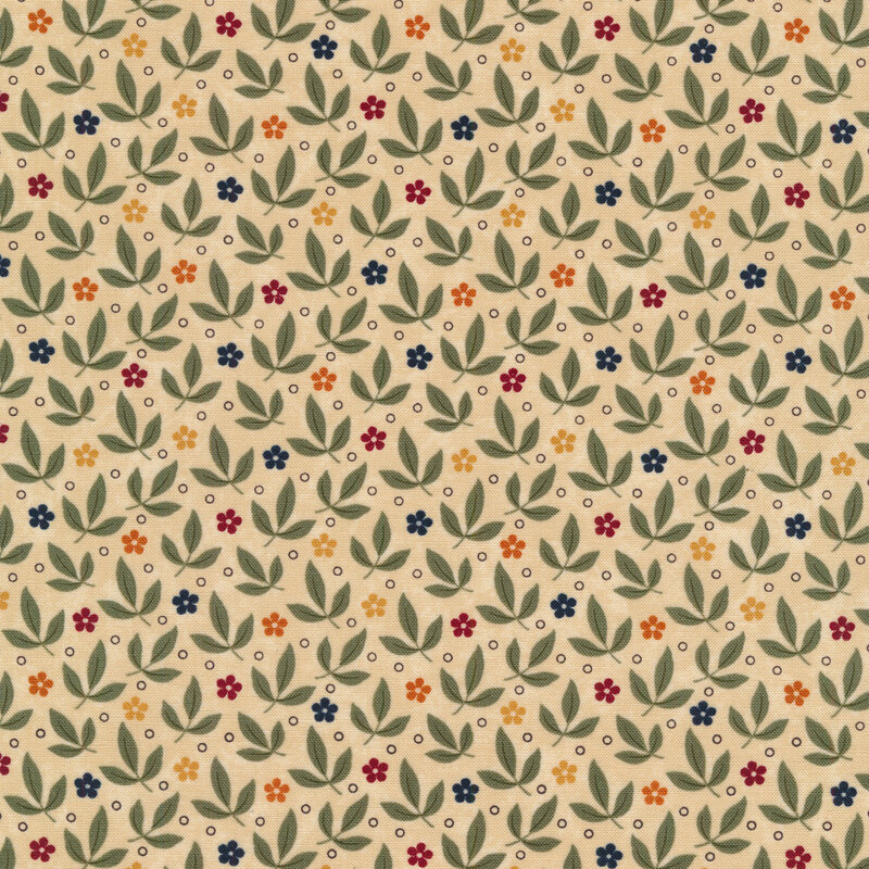 Fabric that features a packed pattern of leaves and red, yellow, orange and blue ditsy flowers. 