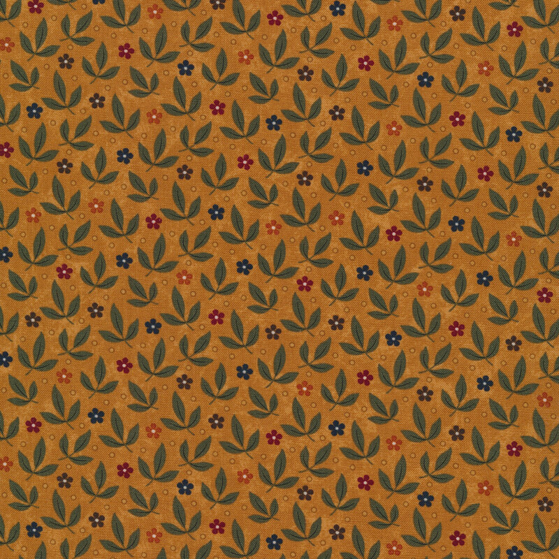 Fabric that features a packed pattern of leaves and red, yellow, orange and blue ditsy flowers on a golden orange background