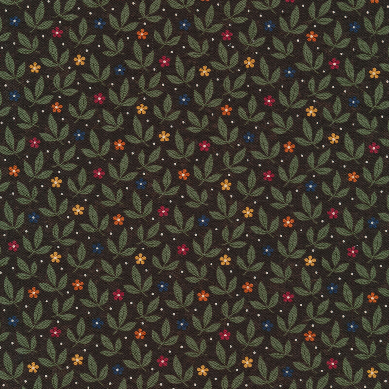 Fabric that features a packed pattern of leaves and red, yellow, orange and blue ditsy flowers on a dark chocolate brown background