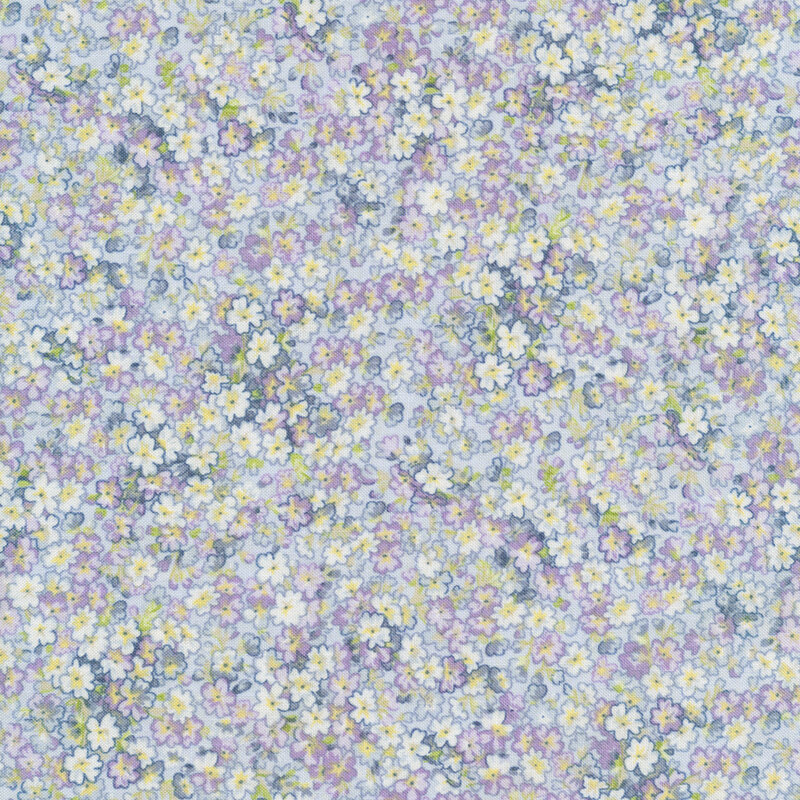 Fabric completely covered in light indigo lilac blossoms