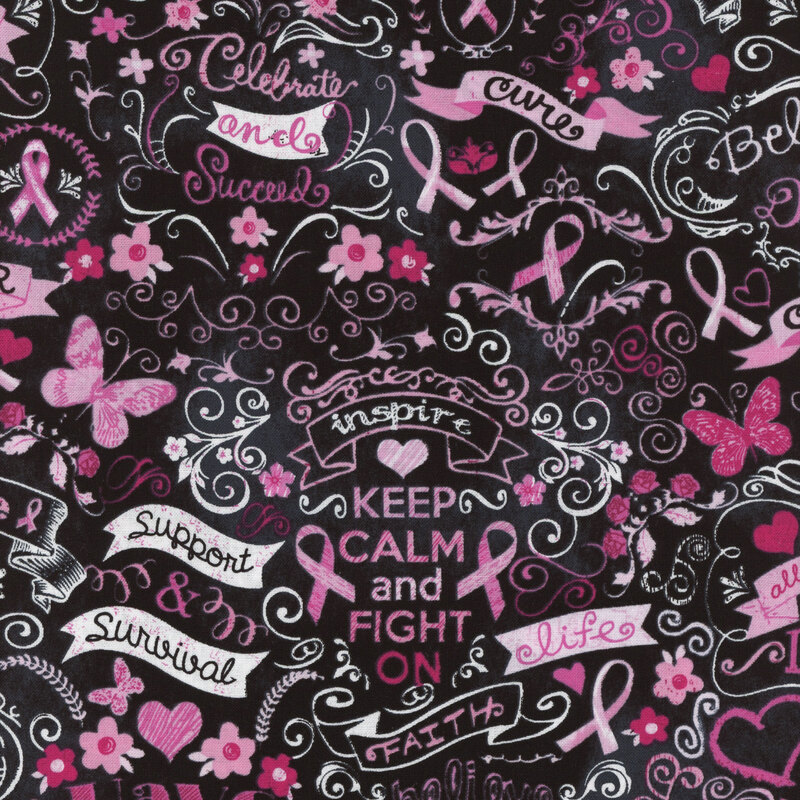 fabric with pink and white words and phrases, butterflies, and hearts on a black chalkboard background