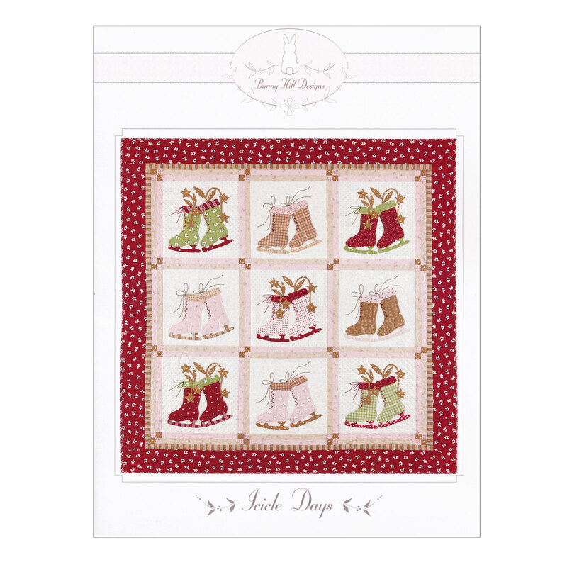 Front of the icicle days pattern, featuring a picture of a quilt with 9 blocks containing different ice skates in each one, the entire quilt bordered in red