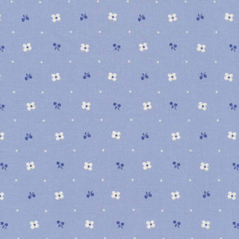 pairs of blue blueberries on light blue fabric with small cream blossoms and dots evenly spaced apart