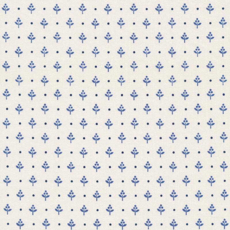 cream fabric featuring tiny blue minimalist plants with leaves and dots spaced symmetrically apart