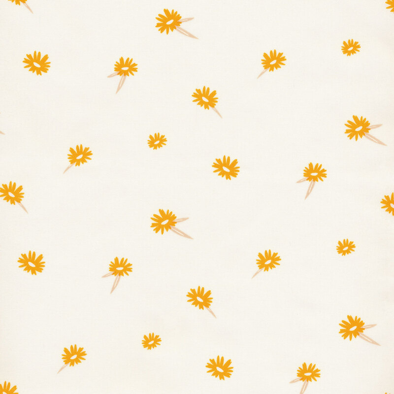fabric featuring tossed yellow flowers set against a light yellow background
