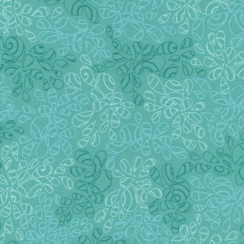 fabric featuring abstract leaf-like pattern full of scrolls and swirls in various shades of aqua 