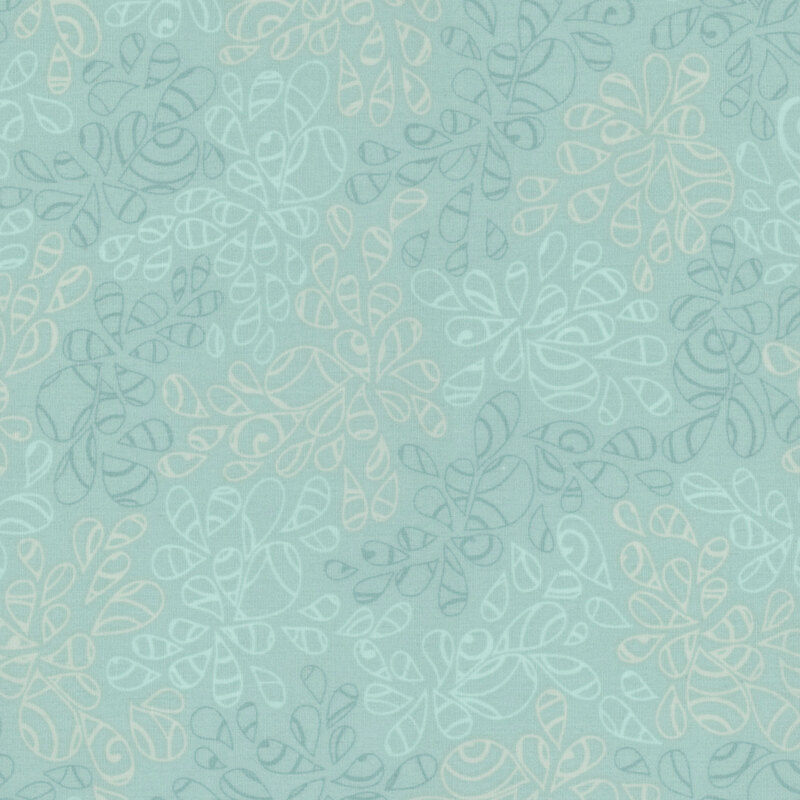 fabric featuring abstract leaf-like pattern full of scrolls and swirls in various shades of light aqua and sea foam blue 