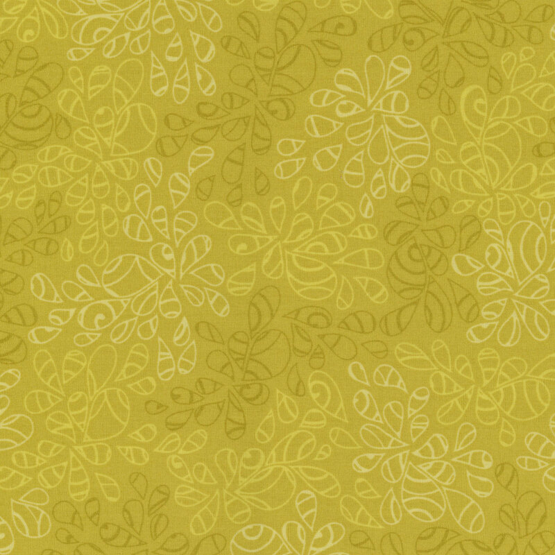 fabric featuring abstract leaf-like pattern full of scrolls and swirls in various shades of olive greens