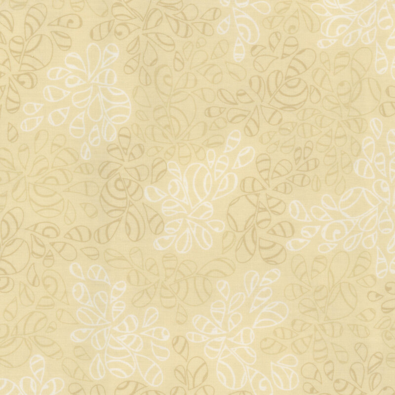 fabric featuring abstract leaf-like pattern full of scrolls and swirls in cream, white, and beige. 