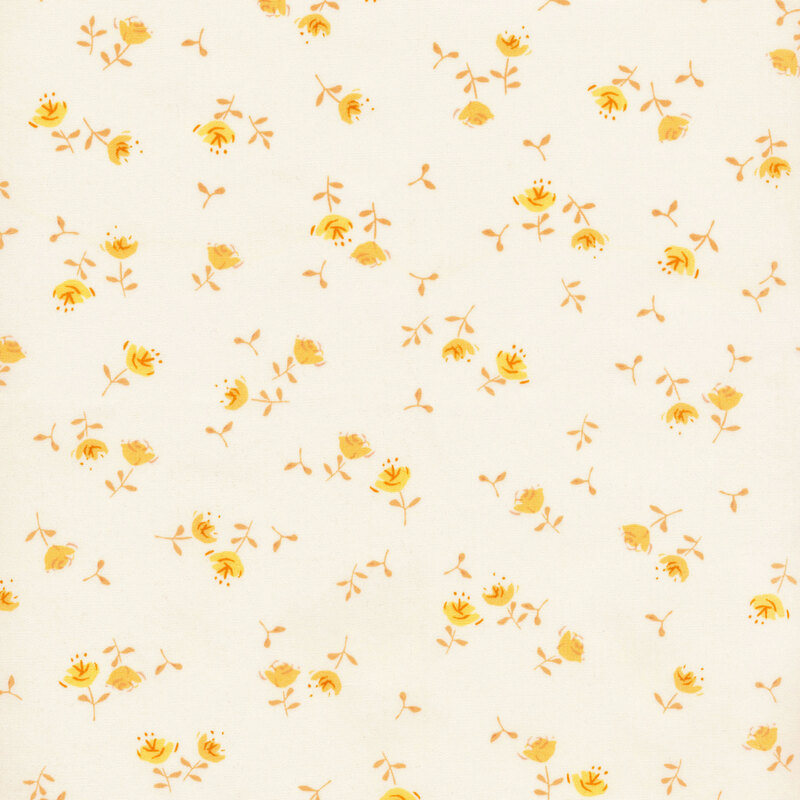 fabric featuring tossed yellow flowers accented by ochre leaves and stems, set against a light yellow background