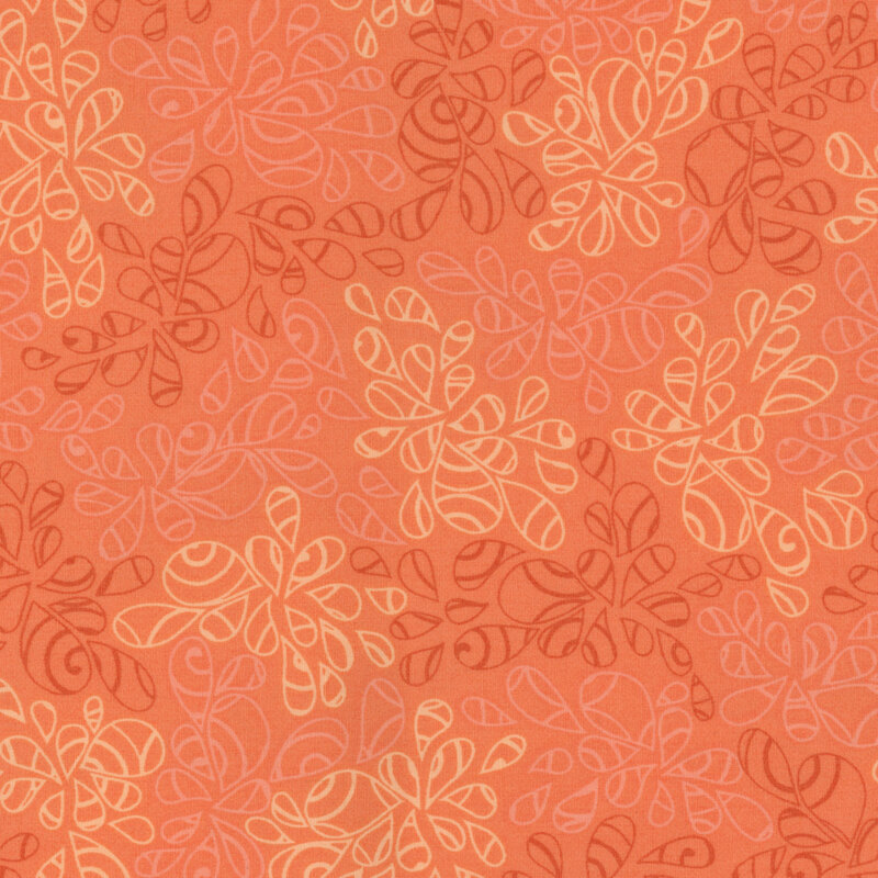 fabric featuring abstract leaf-like pattern full of scrolls and swirls in various shades of vibrant orange