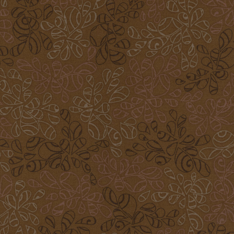 fabric featuring abstract leaf-like pattern full of scrolls and swirls in various shades of gray, charcoal and dark brown
