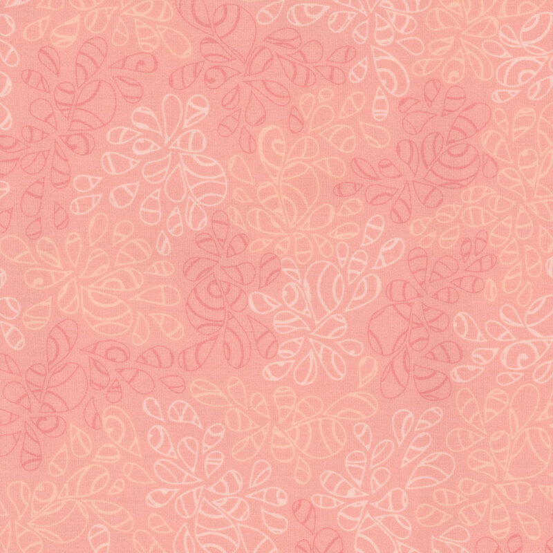 fabric featuring abstract leaf-like pattern full of scrolls and swirls in various shades of light rosy pink