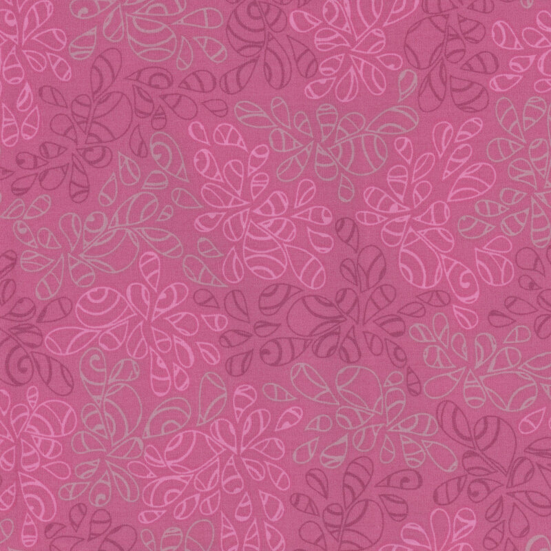 fabric featuring abstract leaf-like pattern full of scrolls and swirls in various shades of purple and violet pink 
