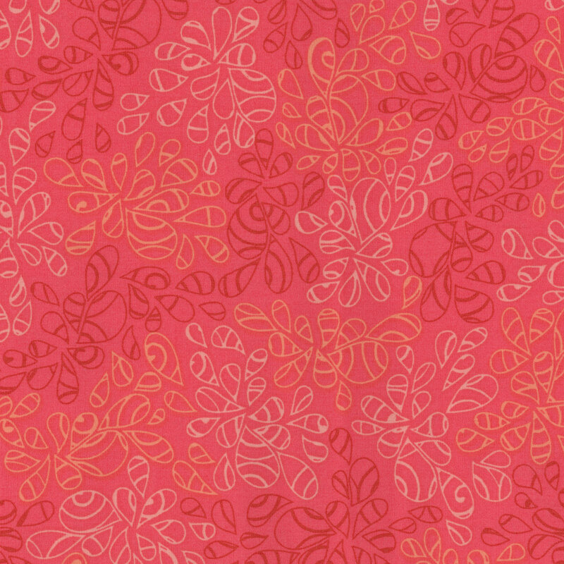 fabric featuring abstract leaf-like pattern full of scrolls and swirls in various shades of pink with light golden yellow accents