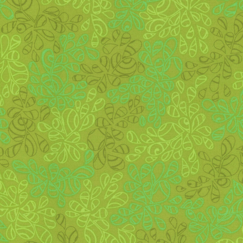 fabric featuring abstract leaf-like pattern full of scrolls and swirls in various shades of bright green and turquoise