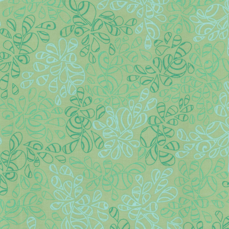 fabric featuring abstract leaf-like pattern full of scrolls and swirls in various shades of minty aqua blue 