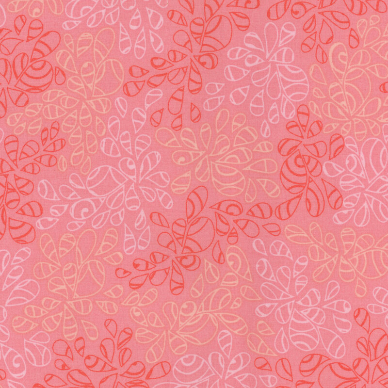 fabric featuring abstract leaf-like pattern full of scrolls and swirls in various shades of rosy pink and baby pink