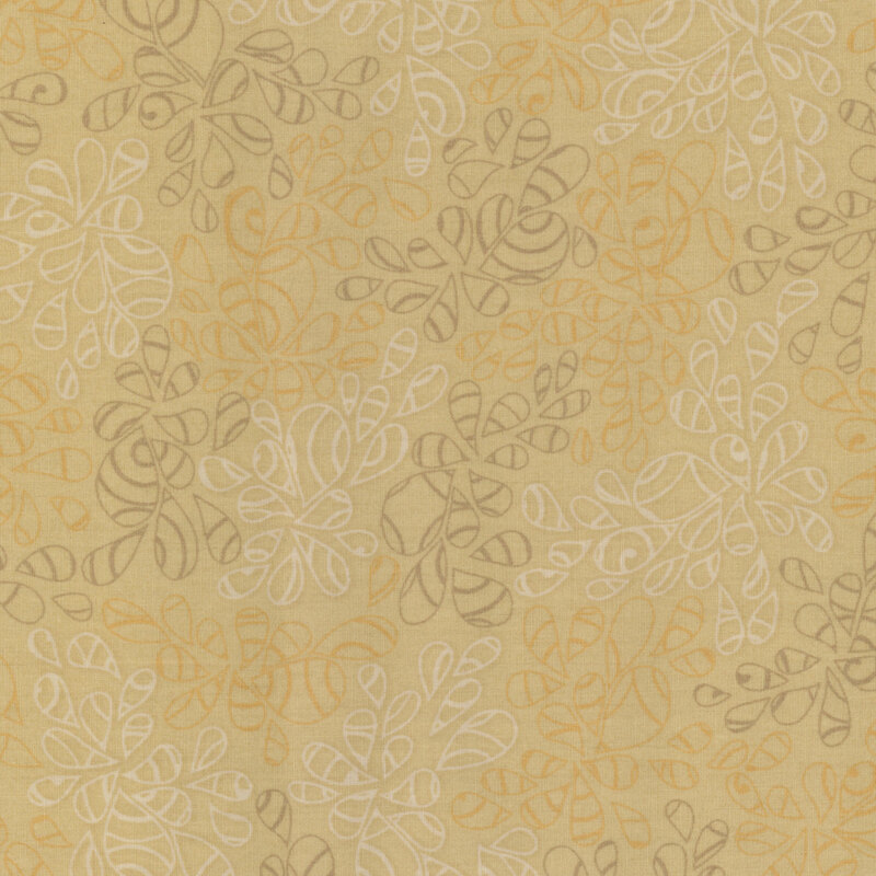 fabric featuring abstract leaf-like pattern full of scrolls and swirls in various shades of tan, golden yellow and warm gray