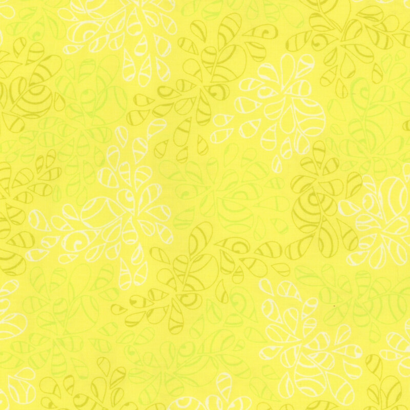 fabric featuring abstract leaf-like pattern full of scrolls and swirls in various shades of bright lemon yellow