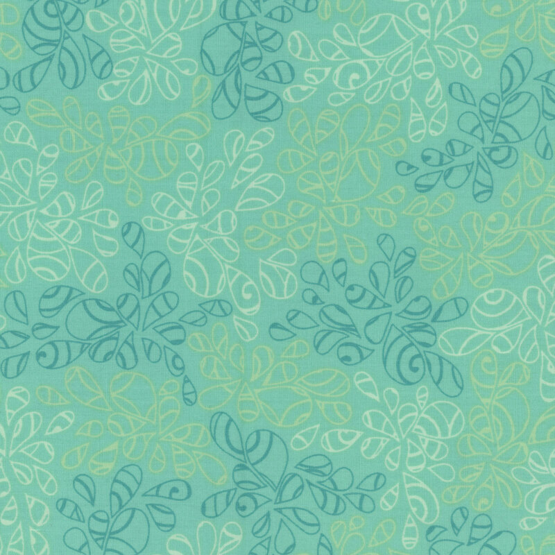 fabric featuring abstract leaf-like pattern full of scrolls and swirls in various shades of teal and green 