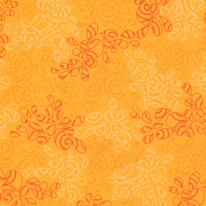 fabric featuring abstract leaf-like pattern full of scrolls and swirls in various shades of mango orange