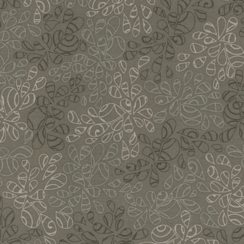 fabric featuring abstract leaf-like pattern full of scrolls and swirls in various shades of gray, charcoal gray and cream off-white