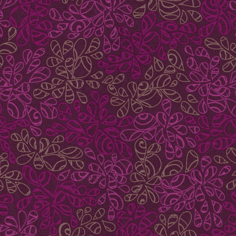 fabric featuring abstract leaf-like pattern full of scrolls and swirls in various shades of deep plum, bright purple and tan
