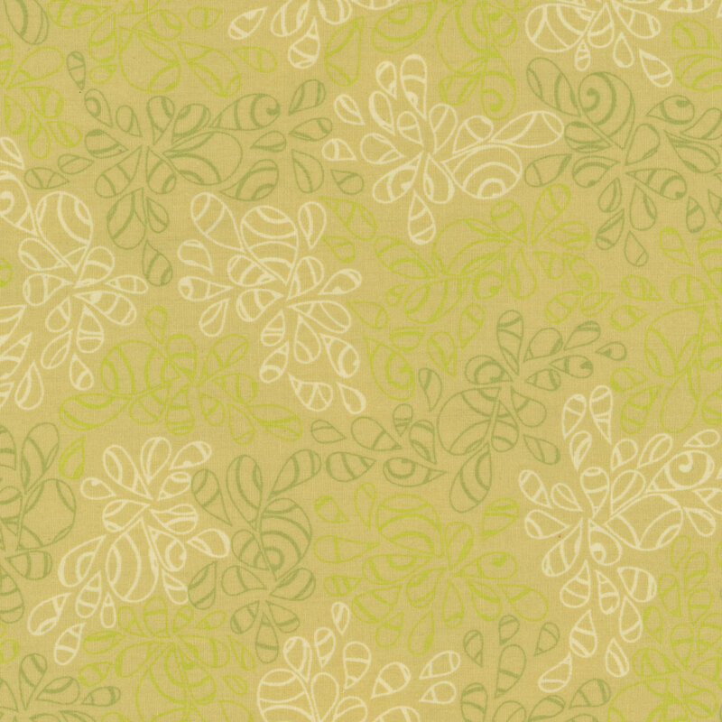 fabric featuring abstract leaf-like pattern full of scrolls and swirls in various shades of bright yellow-green 