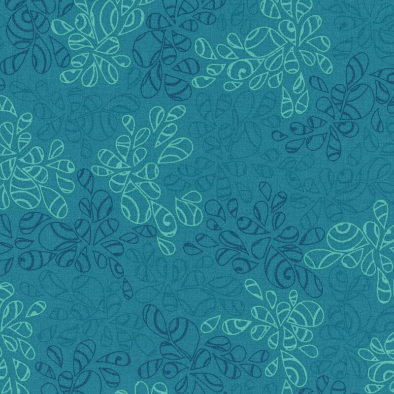fabric featuring abstract leaf-like pattern full of scrolls and swirls in various shades of aqua, dark turquoise and sea foam green