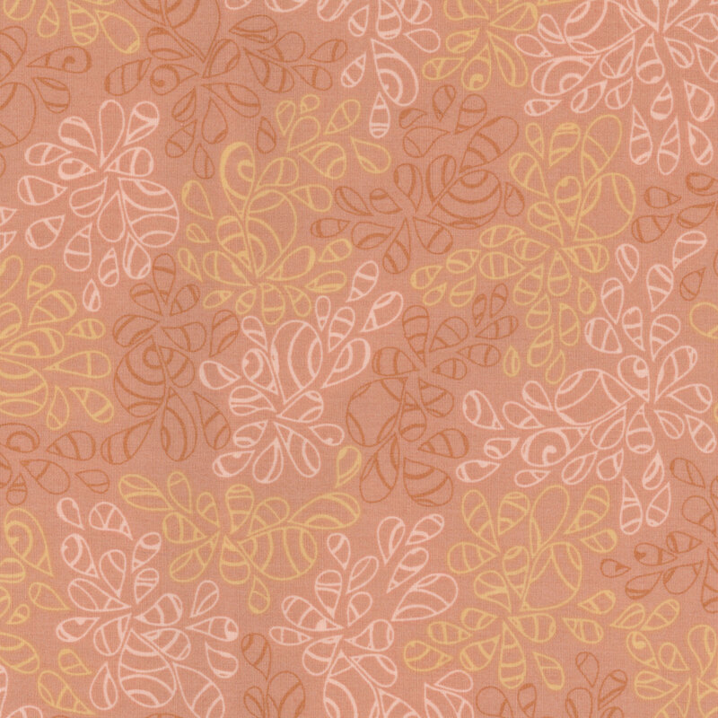 fabric featuring abstract leaf-like pattern full of scrolls and swirls in various shades of mauve, tan and soft brown tones