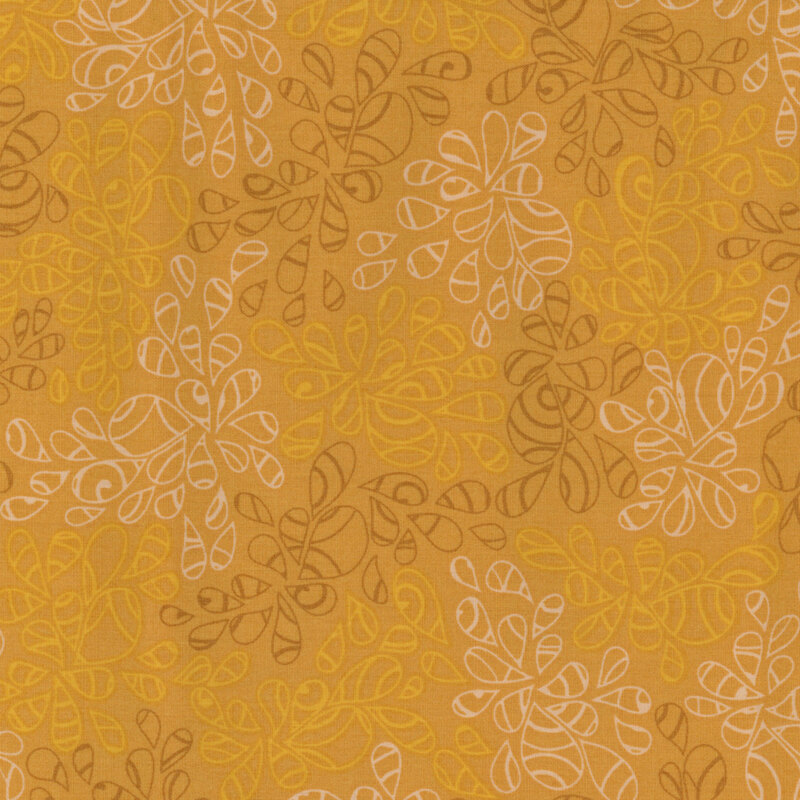 fabric featuring abstract leaf-like pattern full of scrolls and swirls in various shades of golden yellow. 
