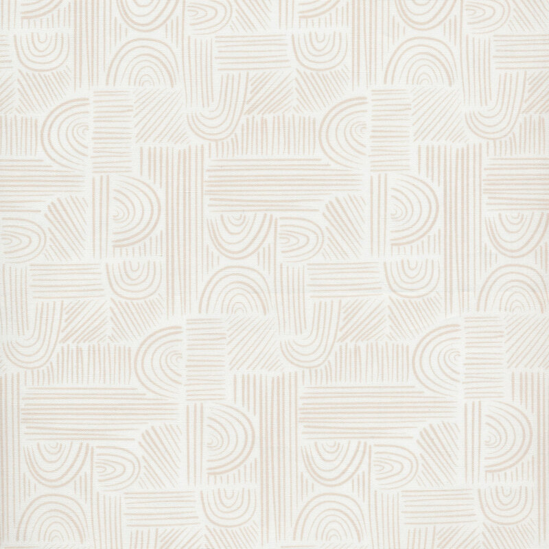 fabric with modern tan drawings of arches and lines on a off-white background