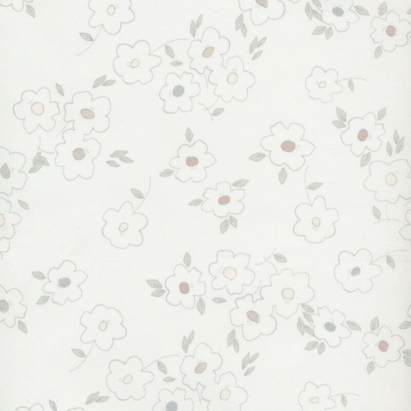 fabric with simply drawn tossed flowers and gray accents on a cream background