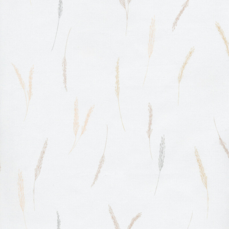 fabric featuring neutral colored wheat stalks tossed on a cream background