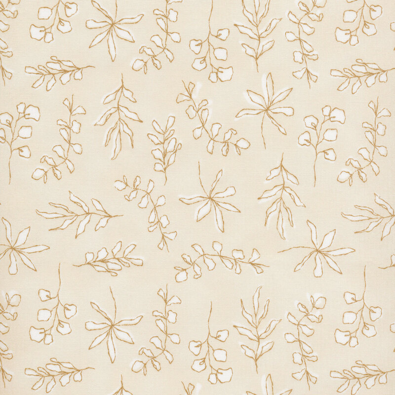fabric with drawn leaves and vines colored white on a solid tan background