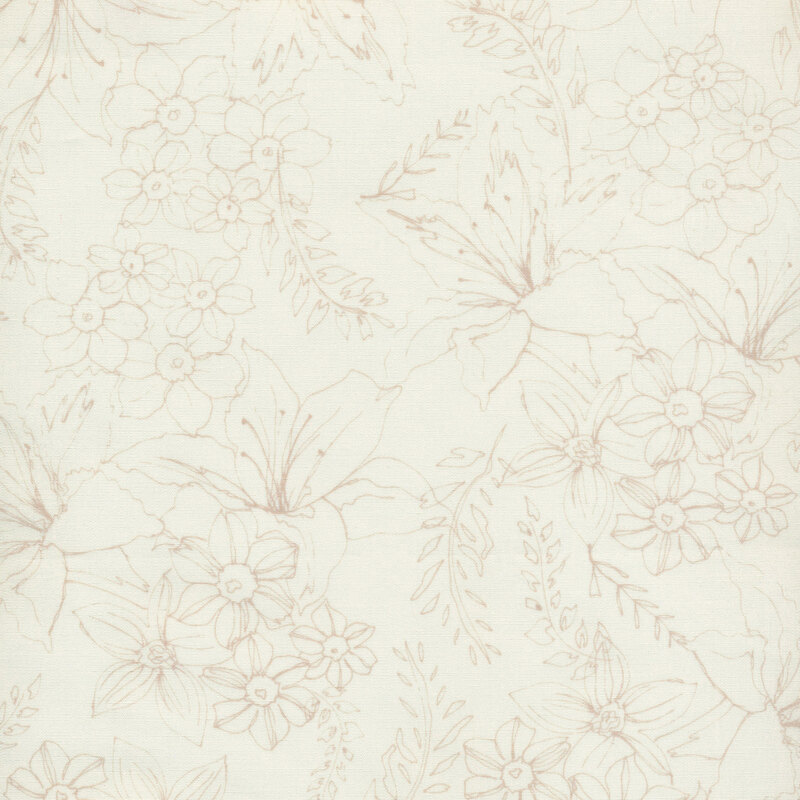 fabric featuring drawn flowers and leaves in tan on a cream background