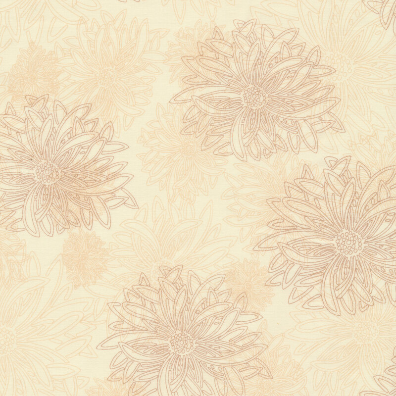 fabric featuring large brown, tan and cream outlined dahlia flowers on a cream background