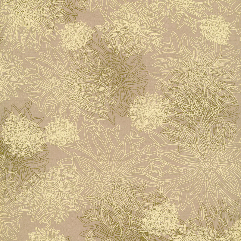 this fabric features tan and brown outlined dahlias on a medium brown solid background