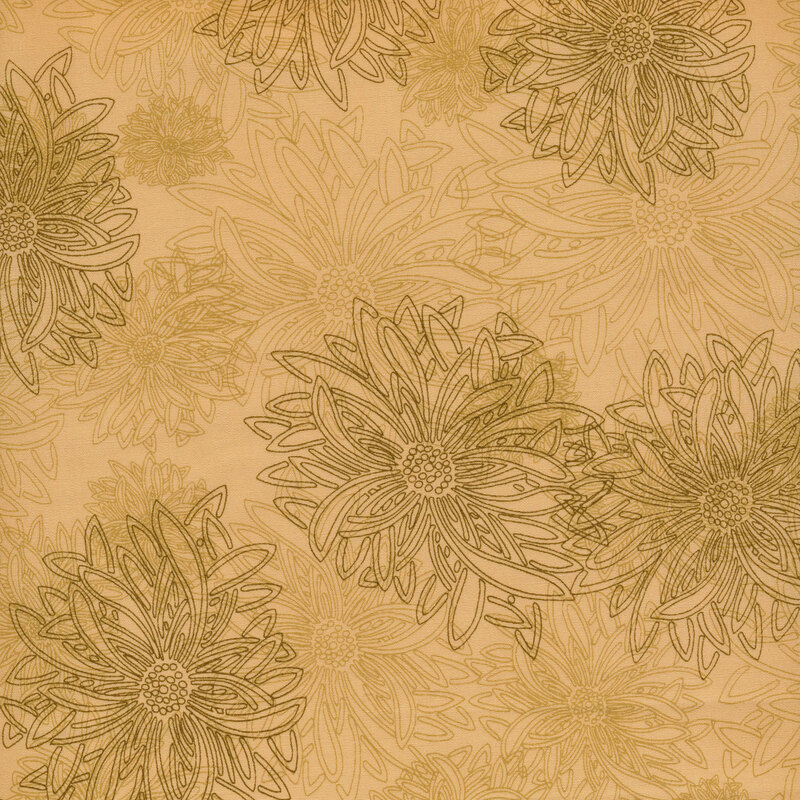 fabric that features tan and brown outlined dahlias on a golden tan solid background