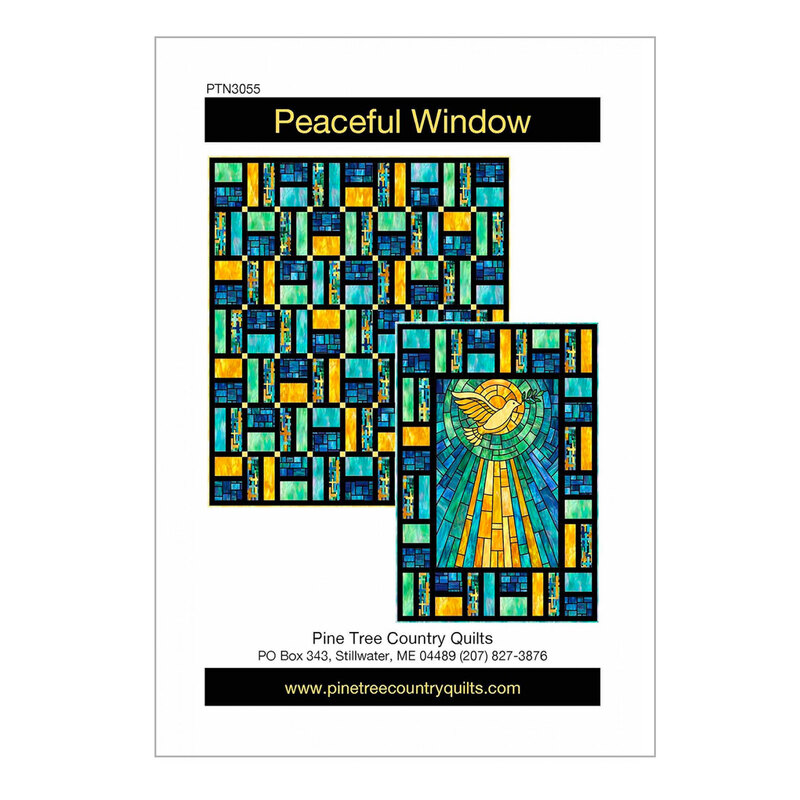 Front cover of the peaceful window pattern, demonstrating the finished stained-glass looking quilt front and back