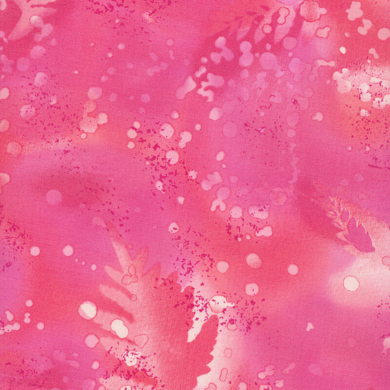 Mottled pink fabric with lighter pink and white speckles and abstract fern shapes