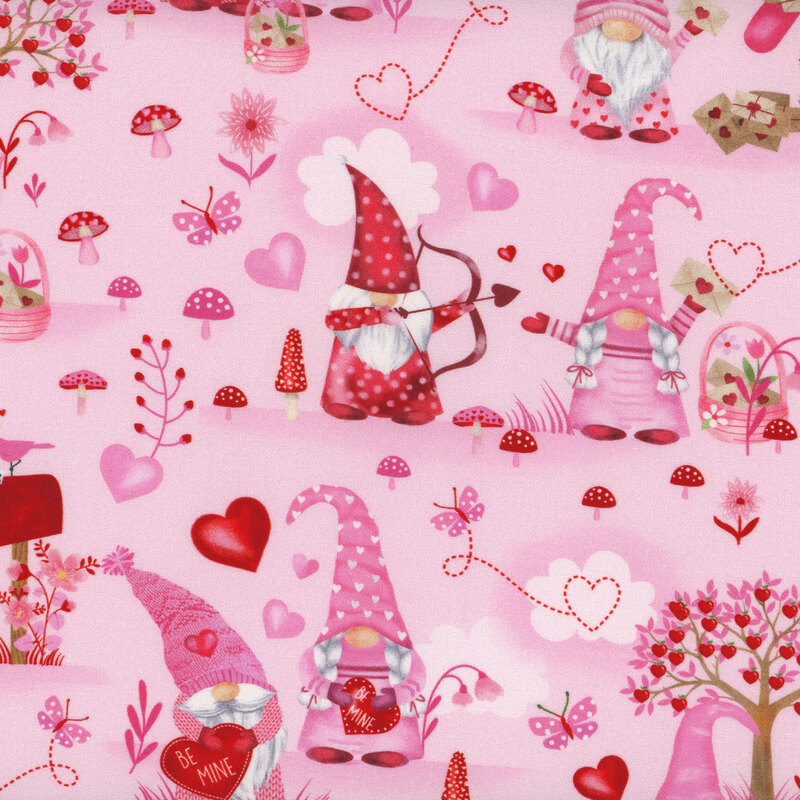 fabric featuring gnomes in pink and red on a pink background with heart trees and butterflies