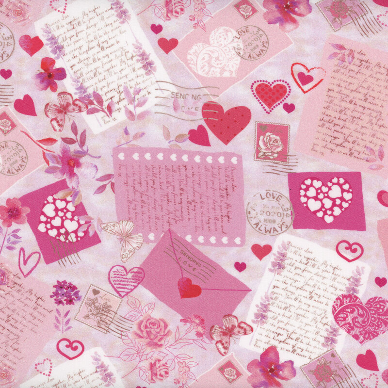 fabric featuring letter correspondence, envelopes and pink drawn hearts on a light pink background