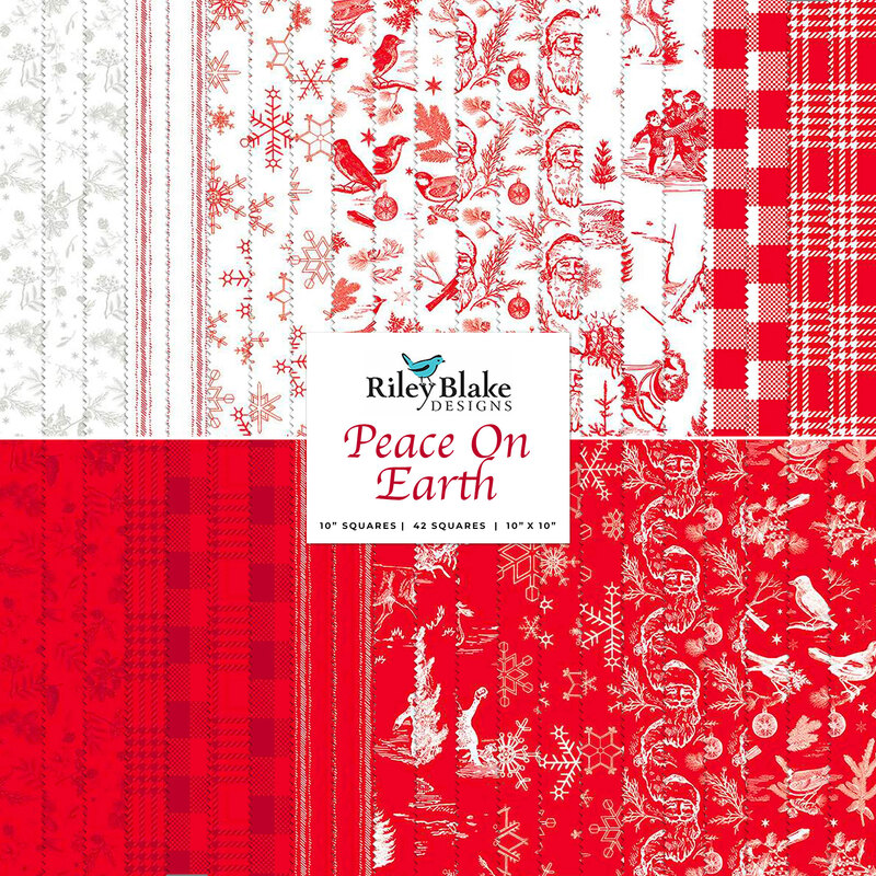 collage of all fabrics included in Peace on Earth Layer Cake